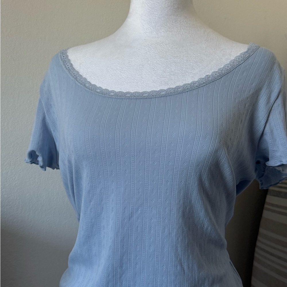 H&M Powder Blue Scoop Neck Short Sleeve Top with Lace Edge